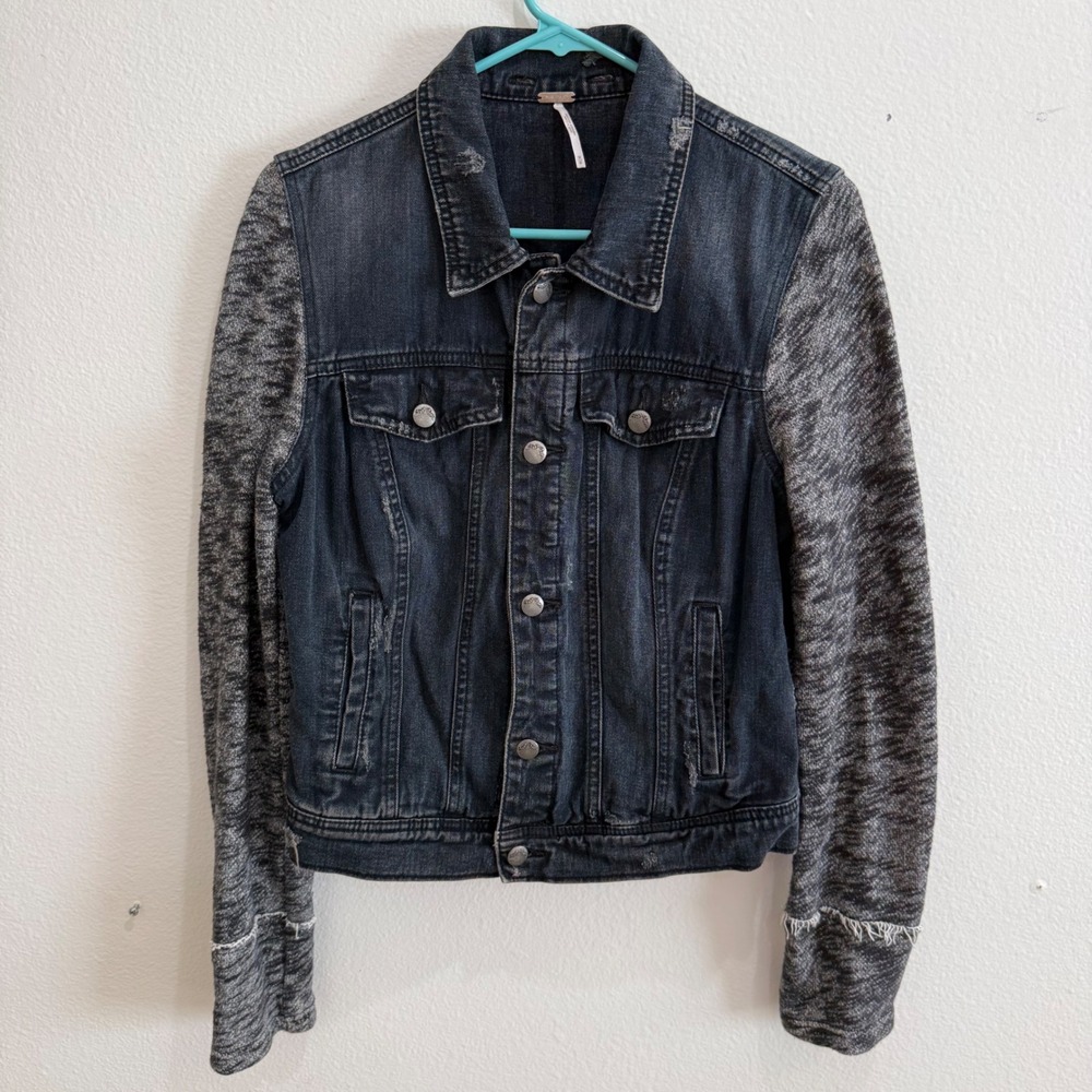 Free People Mixed Media Denim Jacket Knit Sleeves Distressed Dark Wash Medium